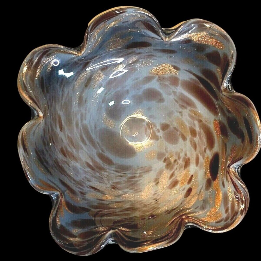 Vintage Murano Purple Fluted Edge 10" Bowl Copper/Gold Flake Technique Oro Italy